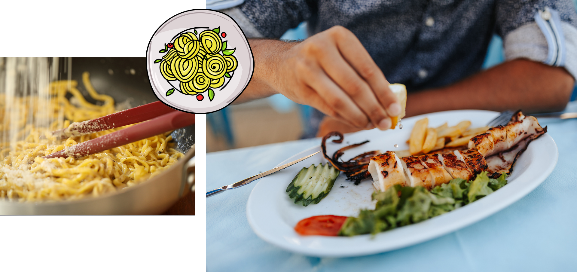 ragazzo che spreme un limone su un piatto di pesce